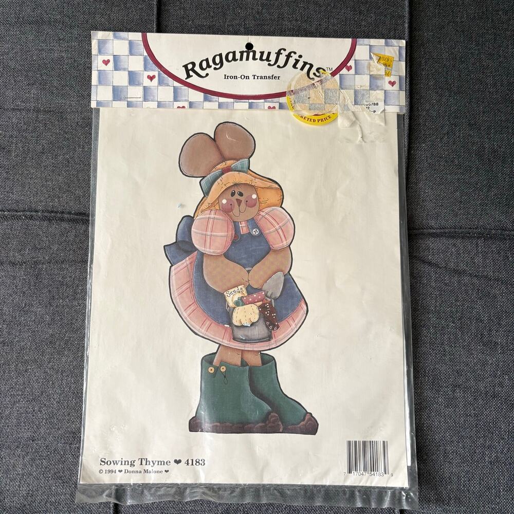 Sowing Thyme Rabbit Gardening Ragamuffin Iron-On Transfer - Vintage 1994 New NOS